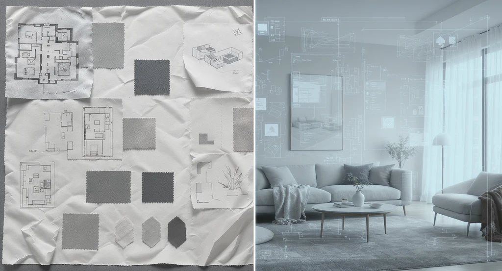 Modern workspace using an ai-powered interior design decision platform showing real-time product sourcing for virtual staging and ai-driven bulk photo enhancement for real estate. Physical design samples and a digital stylus hint at benefits of ai as co-pilot in interior design.