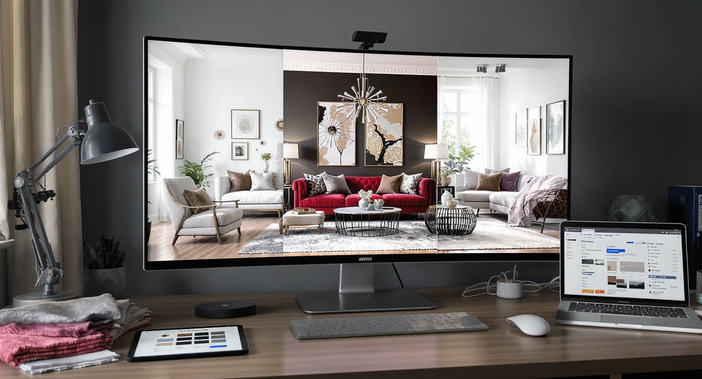 Modern workspace showing an ai-powered interior design decision platform with real-time product sourcing for virtual staging, illustrating how structural lock works in ai home design and the benefits of ai as co-pilot in interior design using photorealistic room visualizations.