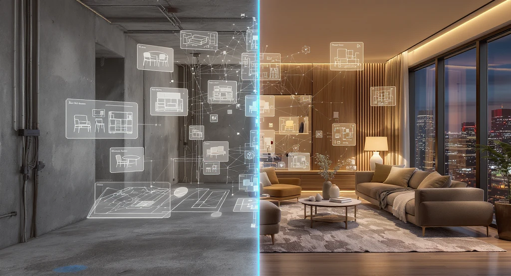 Ultra-realistic AI-powered interior design decision platform studio, showing real-time product sourcing for virtual staging, with AI-driven bulk photo enhancement and digital 3D floor plans, illustrating how structural lock works in AI home design and the benefits of AI as a co-pilot in interior design.