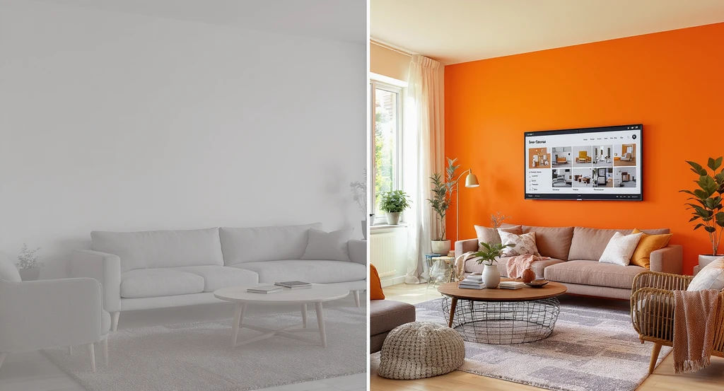 Photorealistic split-view living room showing before with static floor plan, after with ai-powered interior design decision platform, real-time product sourcing for virtual staging, and how structural lock works in ai home design. Demonstrates benefits of ai as co-pilot in interior design and ai-driven bulk photo enhancement for real estate.