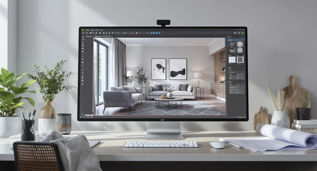 Photorealistic workspace showing ai-powered interior design decision platform using structural lock to preserve room layout, enabling real-time product sourcing for virtual staging and highlighting the benefits of ai as co-pilot in interior design.