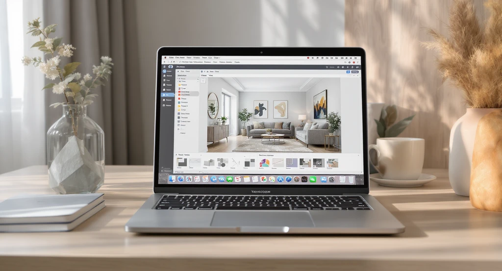 A photorealistic living room featuring AI-driven personalized interior design displayed on a laptop, illustrating customized, data-based décor choices.