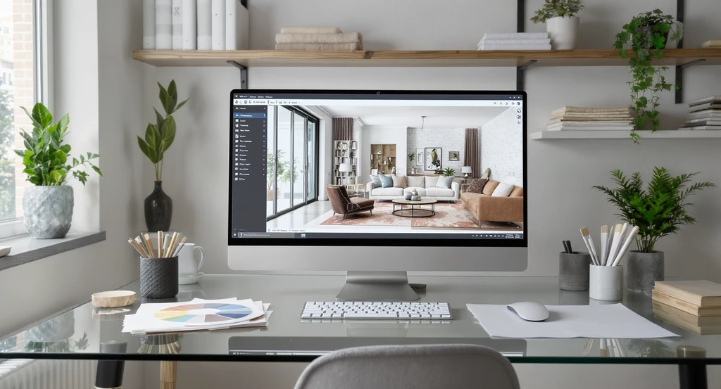 Modern home office featuring a computer with AI-powered design software, color swatches, and material samples, highlighting accessible creativity in design.