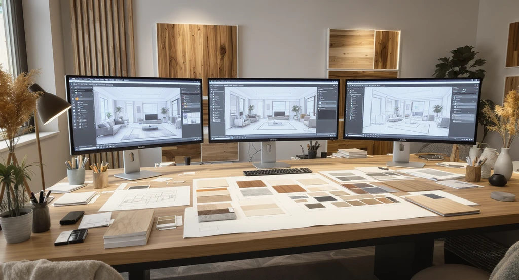 Modern interior design studio with AI-powered design software on screens automating layout arrangement and material selection for efficient workflow.