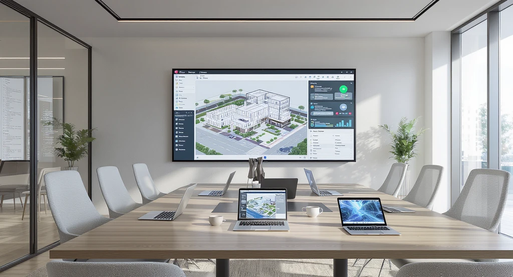 Photorealistic design studio showcasing an AI-driven collaboration platform with tracked changes and feedback on screens, enabling remote teamwork in modern design.