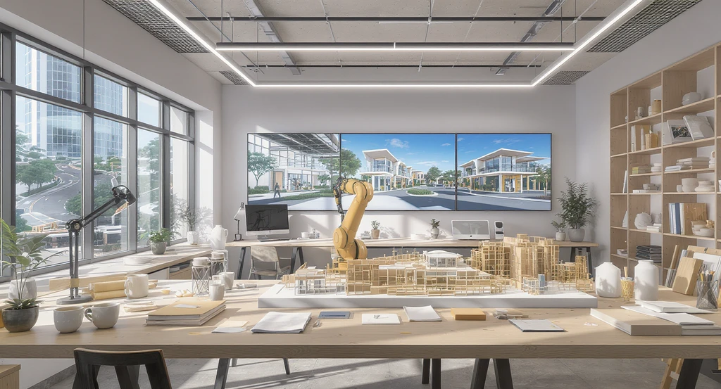 Modern design studio with advanced AI-powered tools, robotic assembly, and digital workstations visualizing how AI transforms creative processes in design.