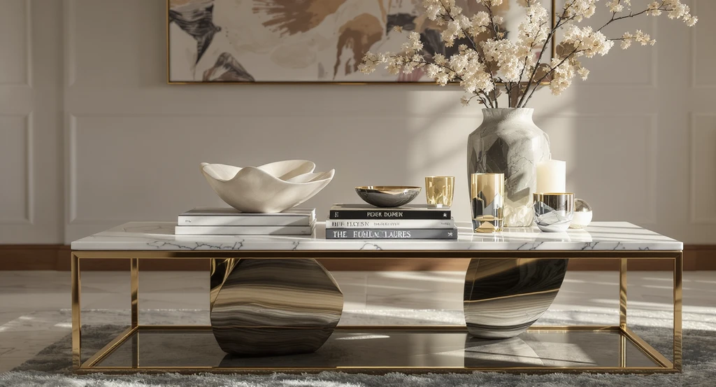 Editorial photo of a styled coffee table using the 3-layer coffee table styling rule, featuring a rattan tray, decorative books, and glass sculpture in a modern living room. Keywords: how to style a living room coffee table, 3-layer coffee table styling rule, best materials for coffee table trays, arranging soft furnishings with coffee tables, living room coffee table decor mistakes to avoid.