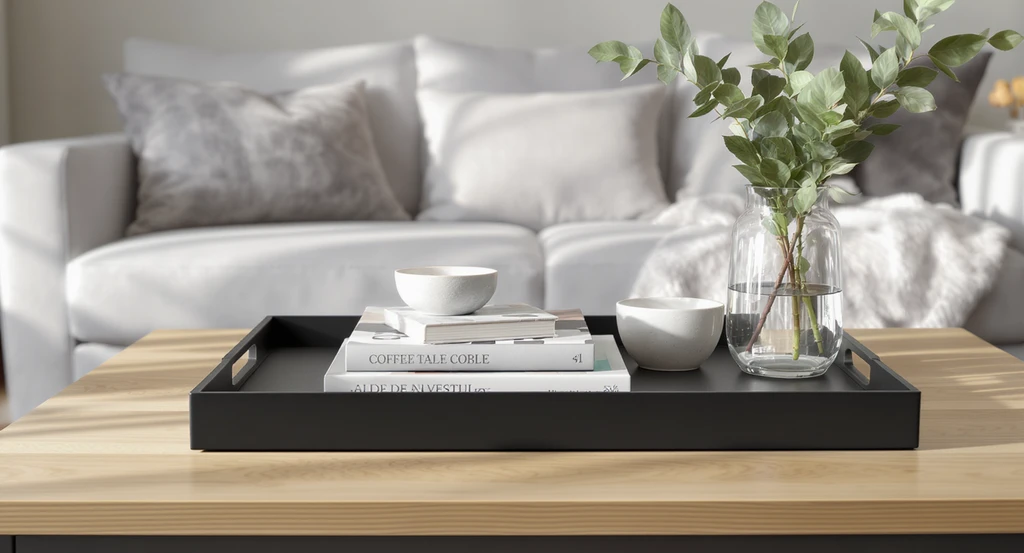 How to style a living room coffee table using the 3-layer coffee table styling rule, with trays, books, botanicals, and soft furnishings arranged to avoid common decor mistakes.