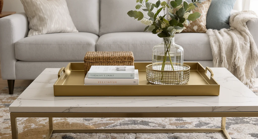 How to style a living room coffee table step-by-step with the 3-layer coffee table styling rule, using the best materials for coffee table trays and avoiding common living room coffee table decor mistakes.