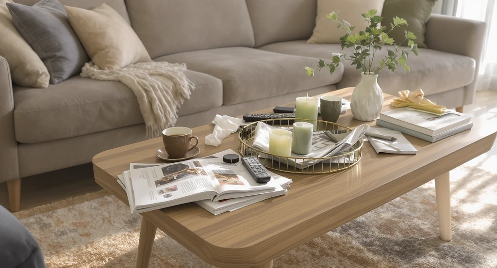 Modern living room featuring a cluttered coffee table with mixed decor, showcasing coffee table styling mistakes and the need for the 3-layer rule.