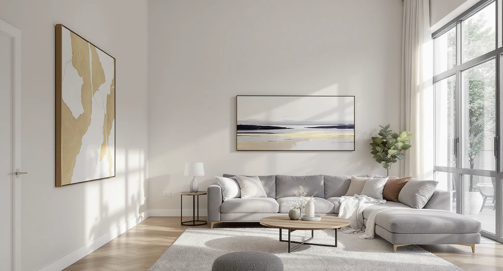Living room with tall ceilings showing vertically stacked matte wall art above a deep sofa, highlighting how to choose wall art size for proper proportion and why art looks different at home.