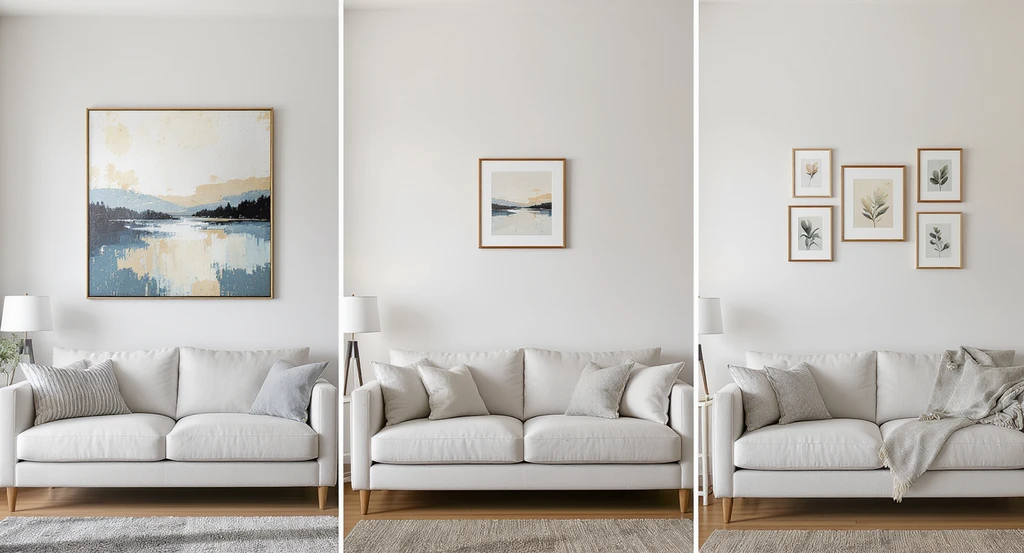 Photorealistic living room with three wall art arrangements above sofas, demonstrating how to choose wall art size and what size artwork for small living room, ideal for living room art ideas for small spaces and seeing why art looks different at home.
