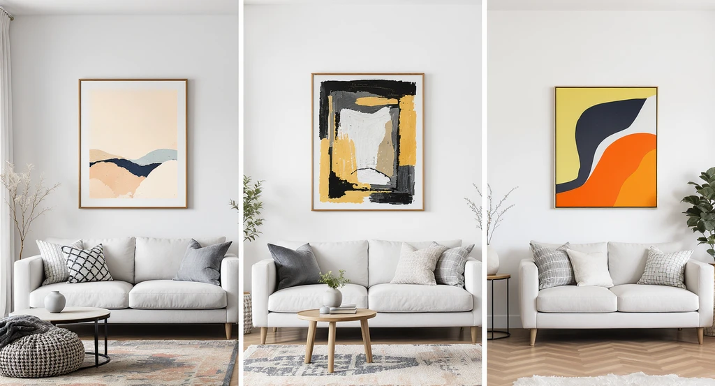 Editorial living room showing wall art sizes: a 2/3 width artwork above sofa, statement art in small space, gallery wall on large wall – how to choose wall art size, will large wall art fit above sofa, living room art ideas for small spaces, what size artwork for small living room, why art looks different at home.