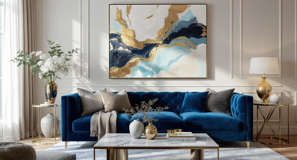 Modern living room with large framed wall art above a sofa, showing how to choose wall art size, will large wall art fit above sofa, and living room art ideas for small spaces.