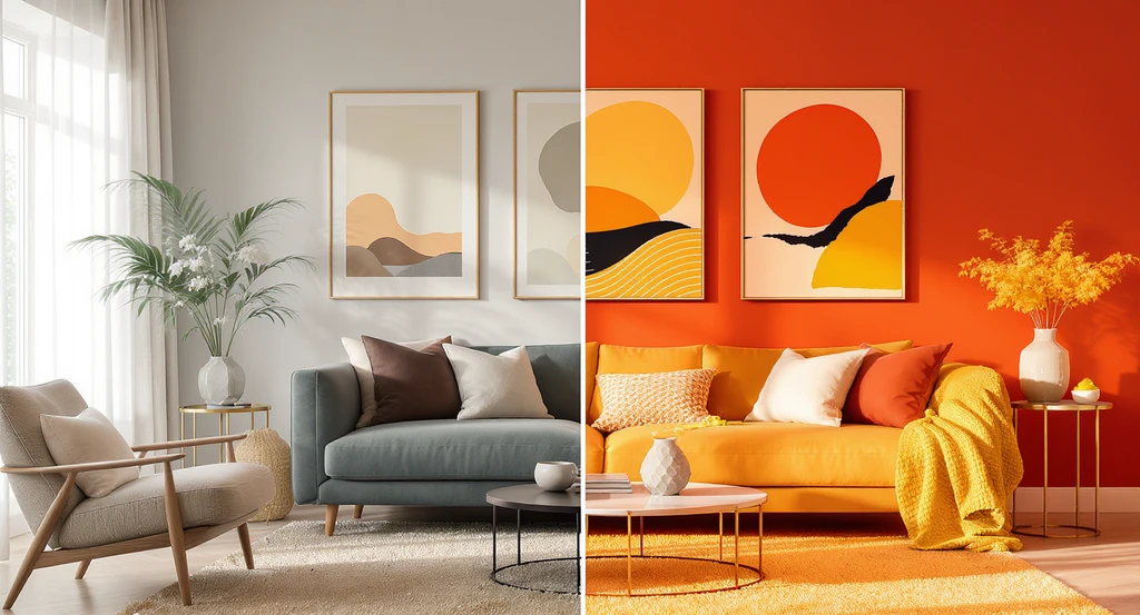 Modern living room with large wall art above sofa, one artwork matching accent colors from pillows and rug, another with bold contrasting hues for color balance. How to choose wall art size and what size artwork for small living room displayed in realistic context.
