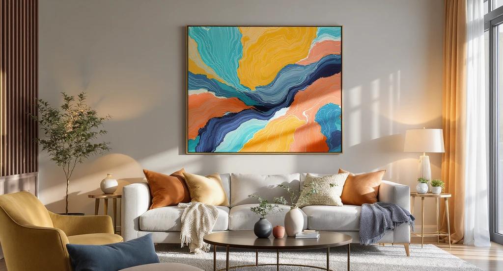 Modern living room showing blank wall above sofa with various wall art mockups, tools for measuring, illustrating how to choose wall art size and placement.