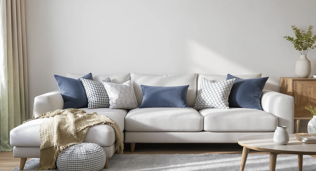 Modern living room showing how to layer decorative pillows for sectional sofas with bolsters and lumbars, illustrating best pillow sizes for large sectionals, and how pillow arrangement impacts the perception of space.