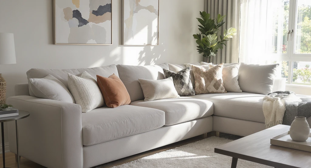 Layered decorative pillows in varied sizes and patterns on a large sectional sofa, demonstrating how to layer decorative pillows for sectional sofas and choosing pillow patterns that fit your room, while showing if layering pillows makes a sofa look smaller and the best pillow sizes for large sectionals.