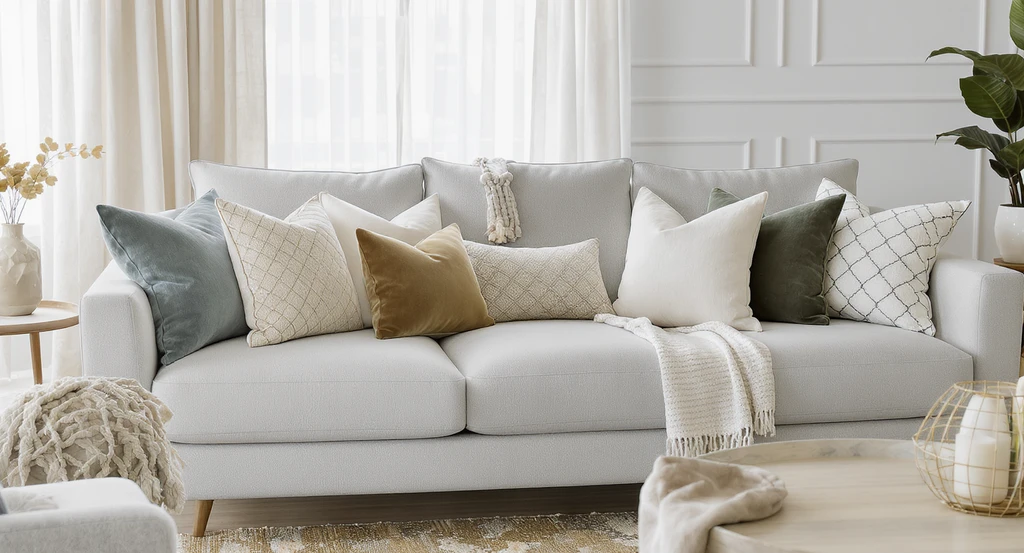 A photorealistic sectional sofa in a modern living room with layered decorative pillows arranged by color, shape, and fabric—showing how to layer decorative pillows for sectional sofas, whether layering pillows makes a sofa look smaller, best pillow sizes for large sectionals, and how choosing pillow patterns fits your room to help furniture look and fit better.