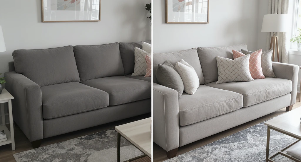 Split-image of a sectional sofa, half without pillows and half styled with layered decorative pillows, showing how to layer decorative pillows for sectional sofas and how choosing pillow patterns and sizes can help furniture fit better in your room.