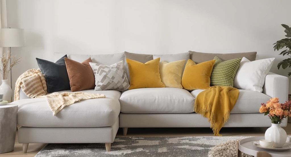 Layered decorative pillows on a contemporary sectional sofa in a cohesive color scheme, showing how to layer pillows for a designer look and fit furniture better.