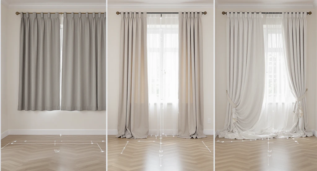 Editorial image showing three different curtain lengths on living room windows: one too short, one puddling excessively, and one just brushing the floor. Demonstrates how to choose curtain length for every room, measuring curtains to fit living room windows, standard curtain sizes for awkward windows, best curtain length for small bedrooms, and avoiding common curtain measurement mistakes.