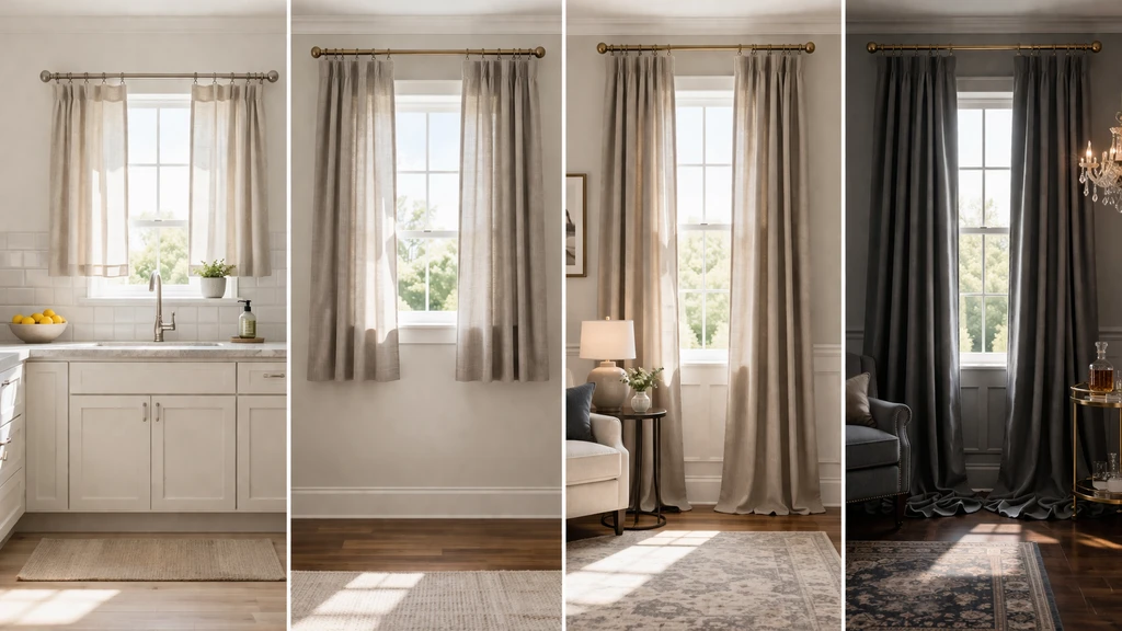 Four windows with different curtain lengths—sill, apron, floor, puddle—showing how to choose curtain length for every room, measuring curtains to fit living room windows, standard curtain sizes for awkward windows, best curtain length for small bedrooms, and avoiding common curtain measurement mistakes.