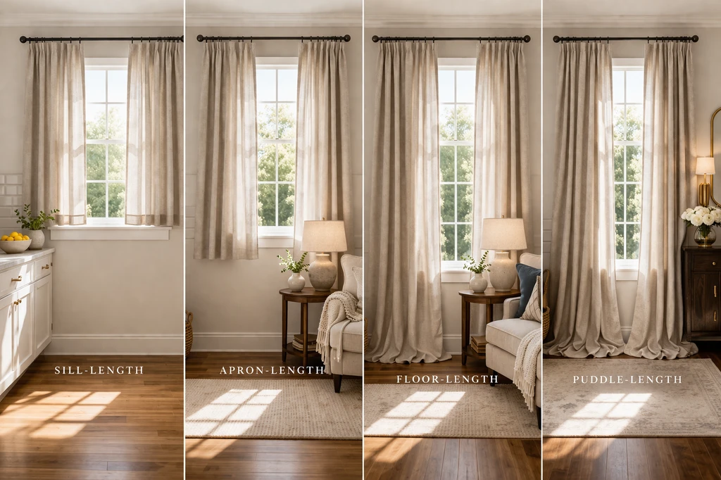 Bright living room with various curtain lengths: floor-length drapes on tall windows, standard curtains on a main window, and sill-length style on a small corner window. Demonstrates how to choose curtain length for every room, measuring curtains to fit living room windows, standard curtain sizes for awkward windows, and best curtain length for small bedrooms while avoiding common curtain measurement mistakes.