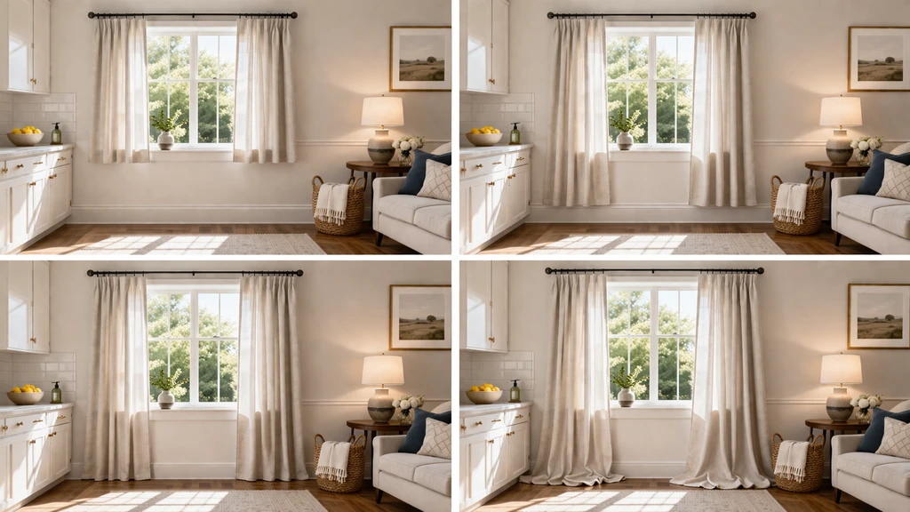 A realistic living room with multiple window curtains at different lengths, measurement tools on the sill, and a view into a bedroom—showing how to choose curtain length for every room, measuring curtains to fit living room windows, standard curtain sizes for awkward windows, ensuring the best curtain length for small bedrooms, and avoiding common curtain measurement mistakes.