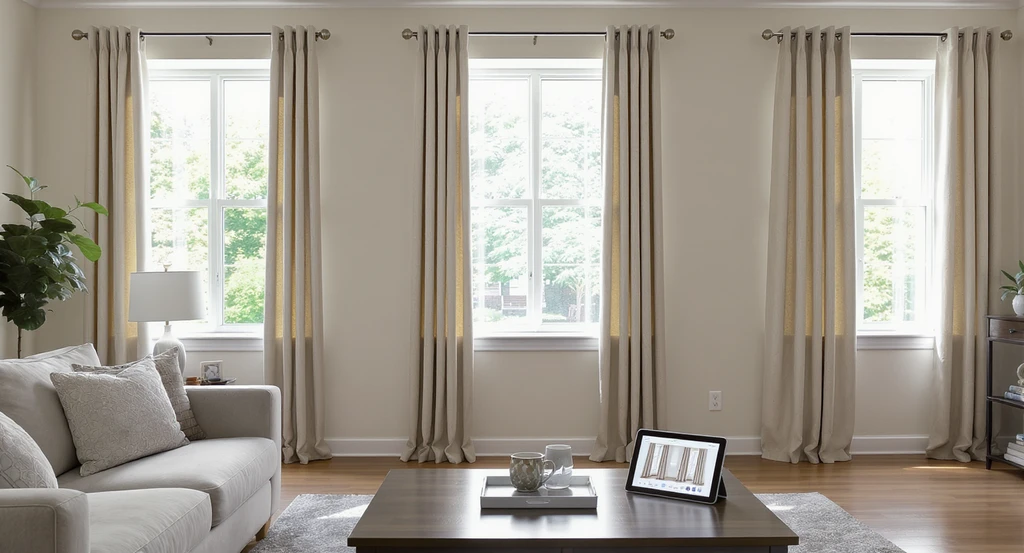 Photorealistic living room showing different curtain lengths on real windows and a tablet displaying curtain visualization, illustrating how to choose curtain length for every room, measuring curtains to fit living room windows, and avoiding common curtain measurement mistakes.