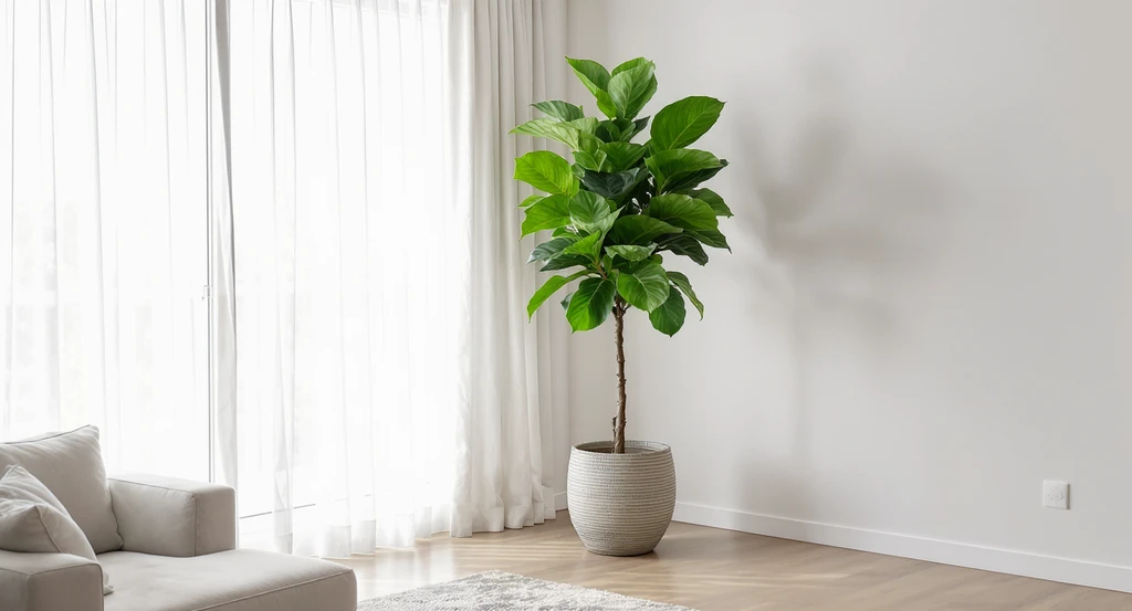 Bright living room corner with a tall Fiddle Leaf Fig (Ficus lyrata) in a ceramic pot by a large window filtered with sheer curtains, showcasing ideal indoor plant placement.
