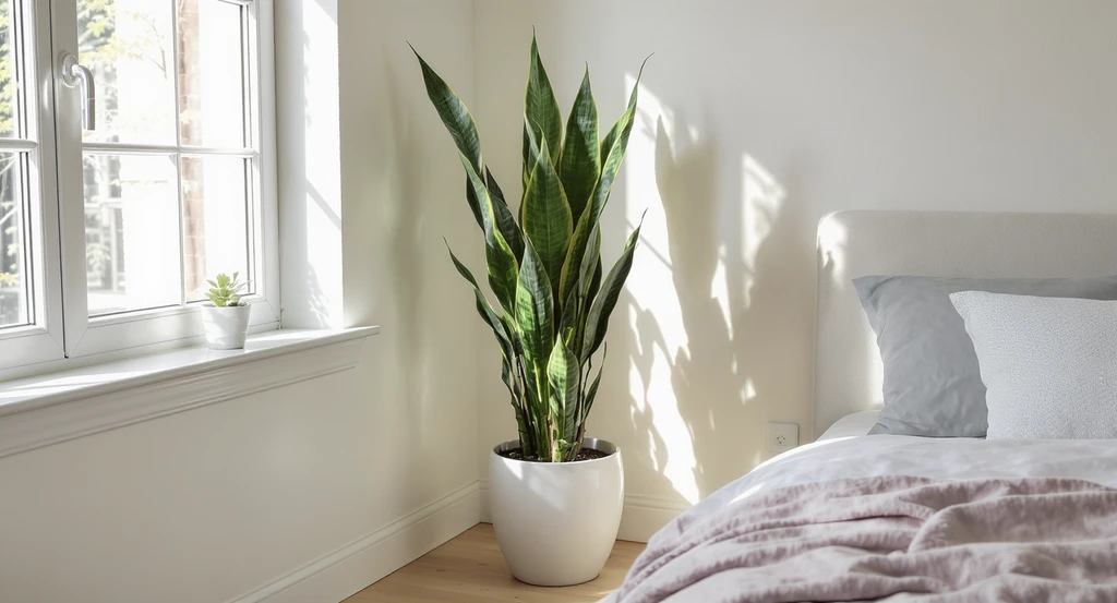 Tall snake plant (Sansevieria) with upright green-and-yellow leaves sits in a modern white pot in a bright, minimalist bedroom corner.