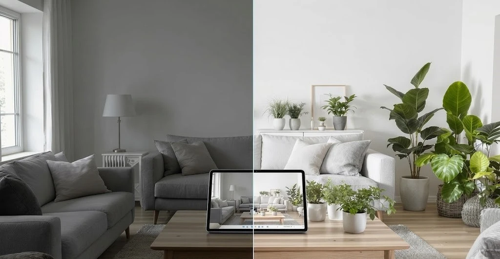 A photorealistic living room shown before and after indoor plant visualization, with a digital preview on a tablet illustrating confident plant placement decisions.