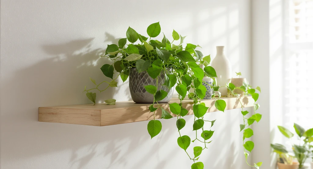 Pothos (Epipremnum aureum) with vibrant, trailing vines on a floating shelf in a modern indoor space, ideal for low to medium light conditions.