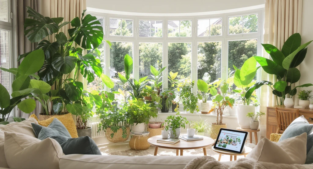 Realistic living room with grouped indoor plants by light zones; digital tablet previews plant placement, showing low- and bright-light options for optimal success.