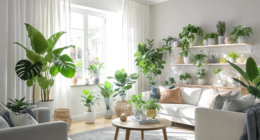 Modern living room with a diverse collection of indoor plants for every light condition in 2026, displaying sun-loving and low-light varieties in natural settings.