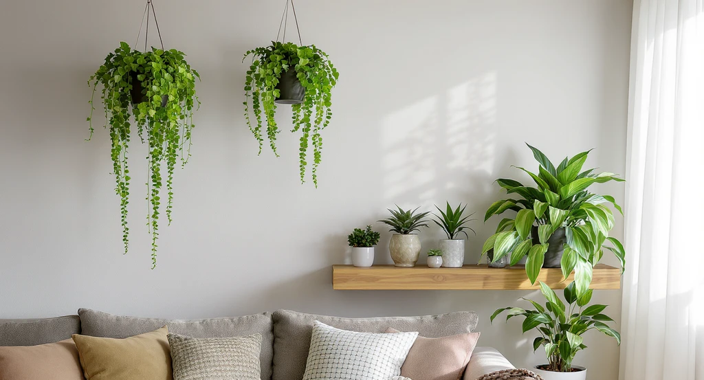 Multiple healthy spider plants in modern hanging pots and grouped on a wooden shelf, displayed in a tidy, sunlit living room corner for a clutter-free impact.