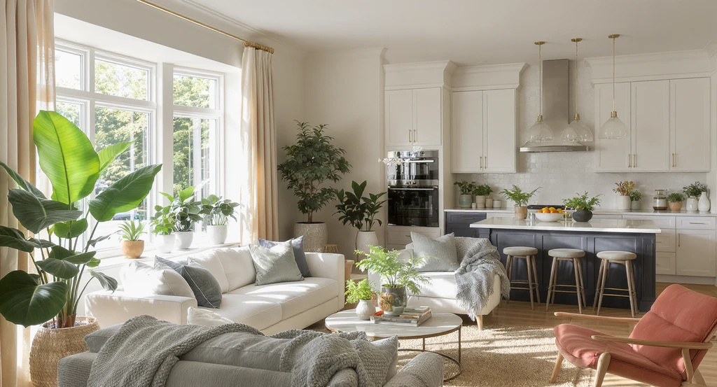 Modern living room and kitchen showcasing a curated selection of indoor plants for every light condition, highlighting best plant choices for home interiors.