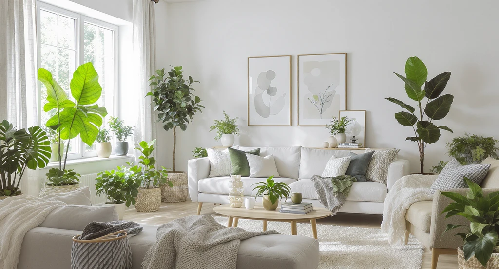 AI-evaluated plant selection system staged in a modern living room showing optimal indoor plant placement for different light conditions and spatial harmony.