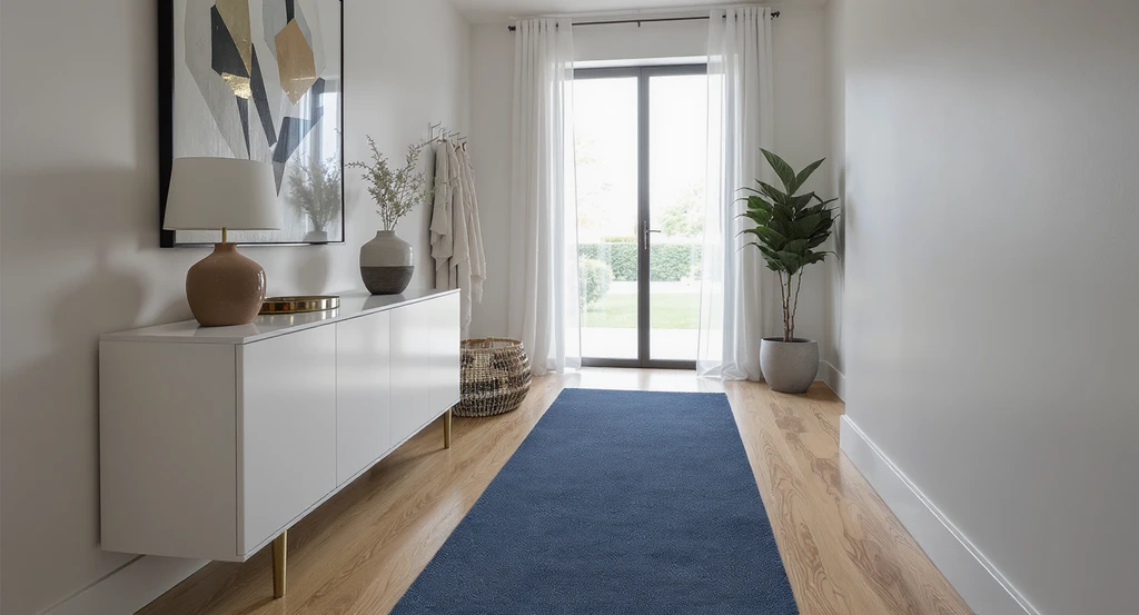 How to stage a modern hallway with real products—visualizing shoppable hallway decor with the best runner rug, contemporary art, and accessories, helping avoid hallway staging mistakes while filling an empty hallway with stylish wall art.