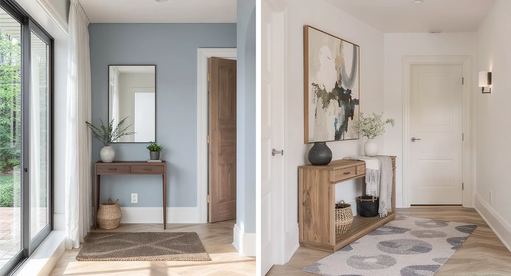 Two adjacent hallways staged with real shoppable products: a small hallway with minimal decor and a short runner, and a large hallway with extended runner rug and large modern wall art—showing how to stage a modern hallway with real products and avoid staging mistakes.