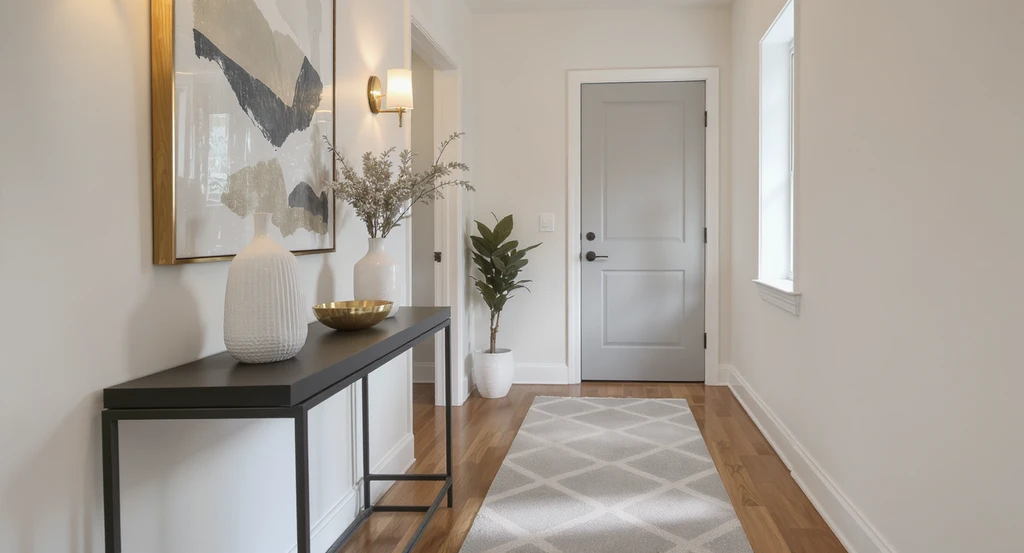 How to stage a modern hallway with real products: visualize shoppable hallway decor, the best runner rug for a contemporary hallway, and stylish wall art.