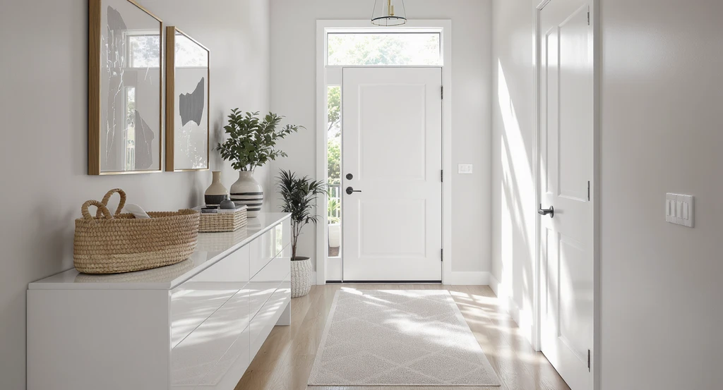 How to stage a modern hallway with real products: a contemporary hallway with a built-in counter, shoppable runner rug, and stylish wall art visualizing real shoppable hallway decor while avoiding staging mistakes and filling empty spaces.