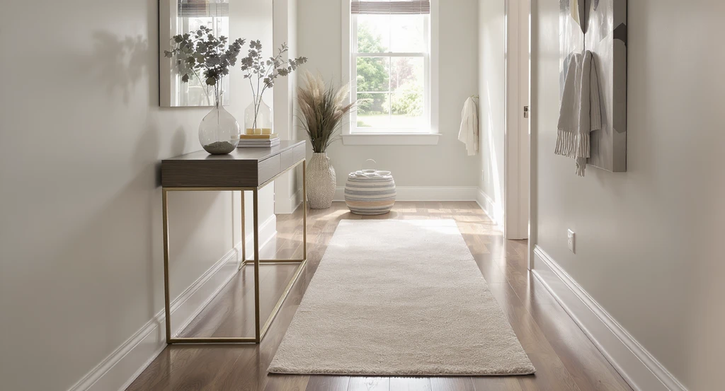 How to stage a modern hallway with real products by visualizing real shoppable hallway decor, best runner rug for contemporary hallway, and filling empty hallway with stylish wall art.