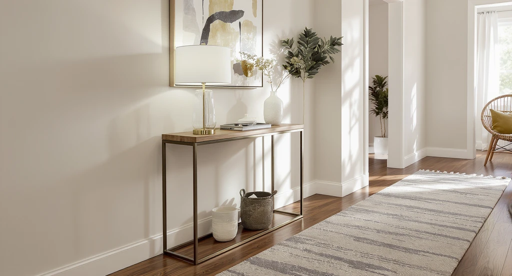 How to stage a modern hallway with real products: realistic shoppable hallway decor including best runner rug, console table, lamp, and stylish wall art.