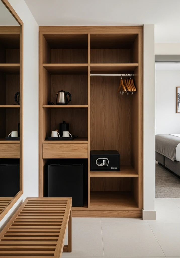 Photorealistic bedroom with mini fridge in the lower left, glass shelves above a safe, demonstrating how to use AI reference images for bedroom furniture fitting and accurate layout planning.