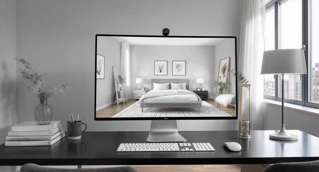 Computer monitor displays a bedroom reference photo in a modern furnished bedroom, clearly showing how to use AI reference images for fitting bedroom furniture, choosing rug size, and ensuring accurate color matching in AI room design.