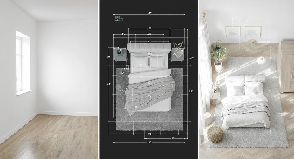 Modern bedroom showing a digital tablet with AI room reference images, precisely arranged furniture, color samples, and rug size guides for accurate AI-driven design.