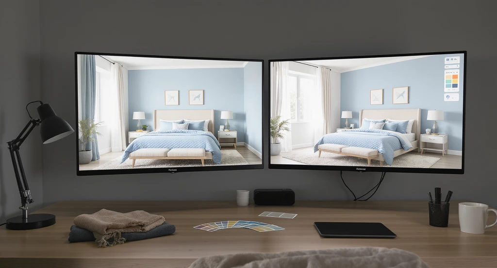 Contemporary bedroom design workspace with side-by-side reference and AI-designed images on monitors, color swatches, and paint chips for color-matching accuracy and furniture fitting using reference images.