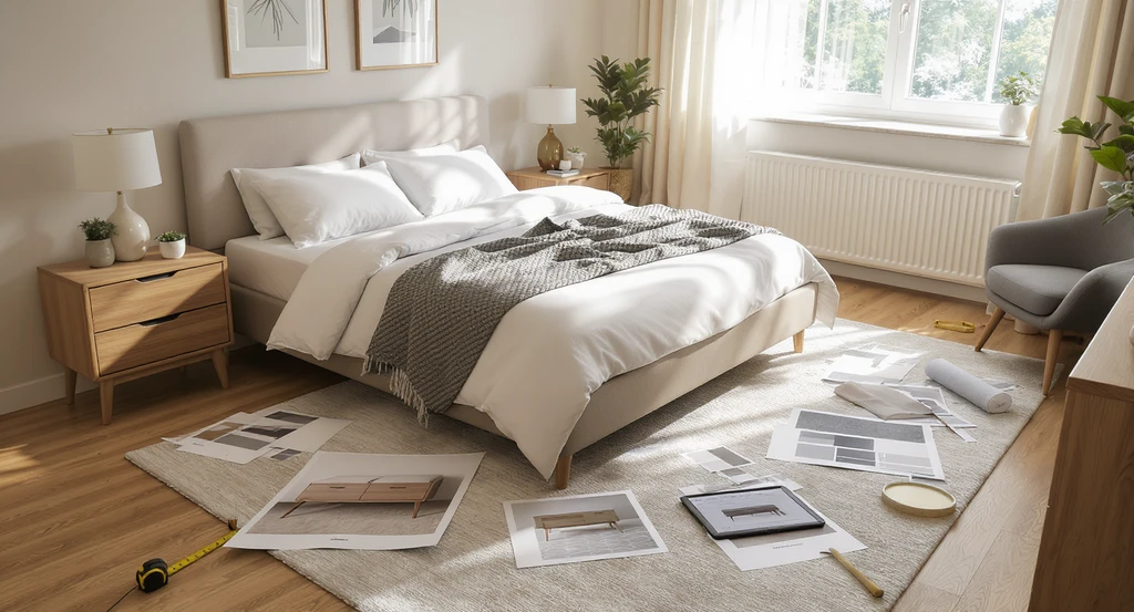 Modern bedroom with printed AI reference images on the bed and floor, showing furniture, rug, and color swatches for accurate bedroom layout planning.